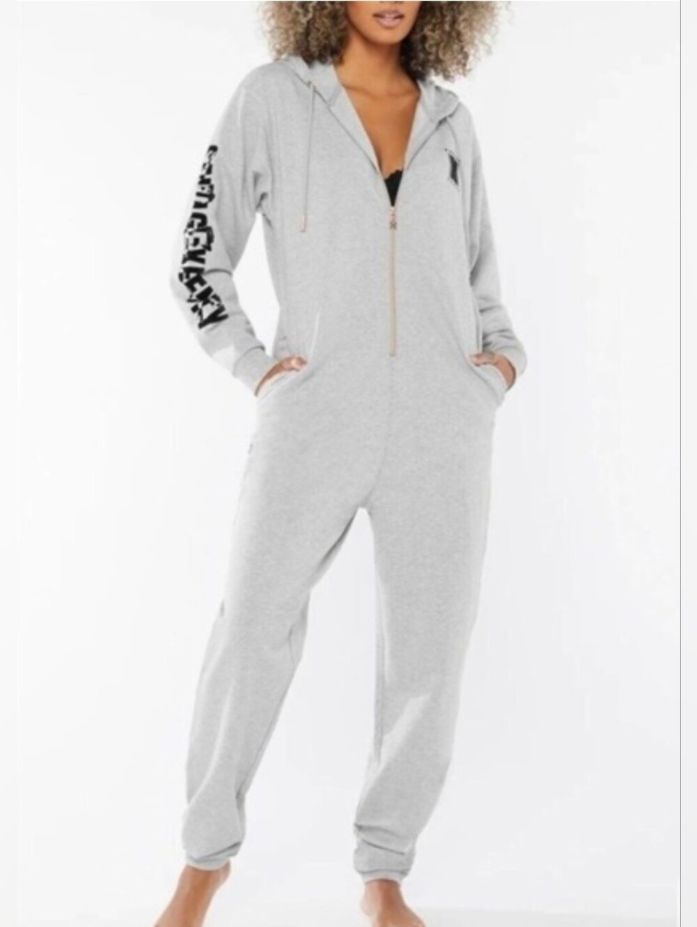 Savage X Fenty Fleece Lined Zip Front Cozy Hooded Onesie Jumpsuit Size XL Gray